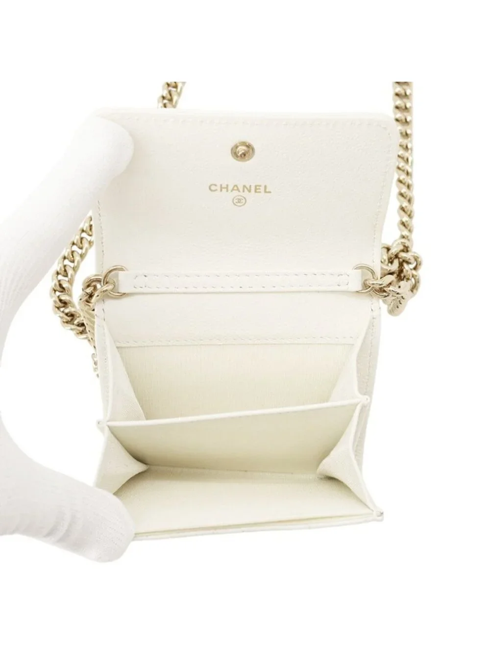 Chanel Chain Wallet Boy Quilted CC Logo Mini Caviar Leather White Shoulder